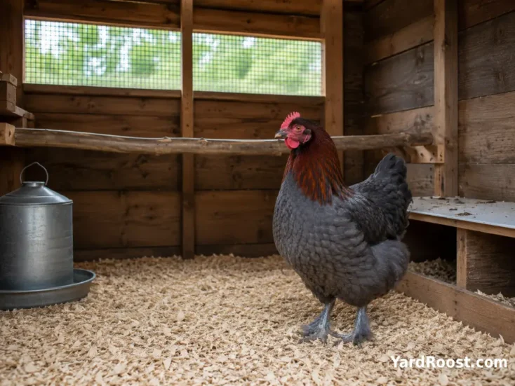 Blue Copper Marans hen standing on dry bedding inside a ventilated wooden chicken coop.