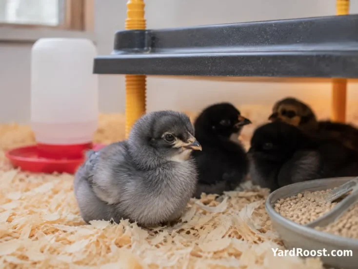 Blue-gray and dark Marans chicks resting beneath a brooder plate on clean pine shavings.