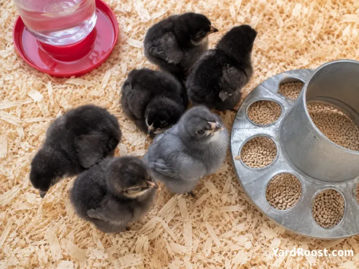 Healthy Blue Copper Marans chicks gathered beside a clean feeder in a prepared brooder.