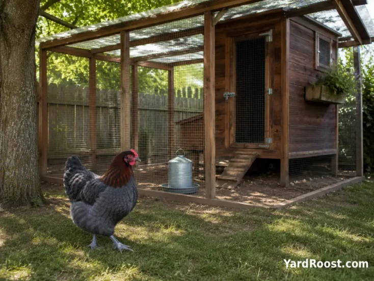Blue Copper Marans hen exploring a shaded grass run beside a secure backyard coop.