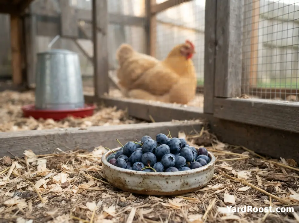 Fresh blueberries sit in a small dish beside a clean backyard chicken run.