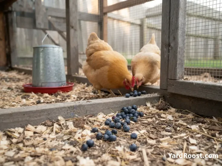 Two backyard hens peck at a few blueberries scattered on clean run bedding.