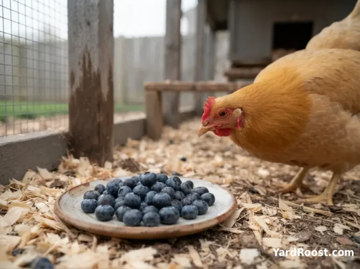 Whole blueberries are shown near a standard-size hen in a clean backyard run.