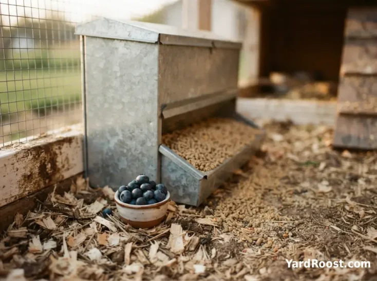A small handful of blueberries sits beside a feeder filled with complete chicken feed.