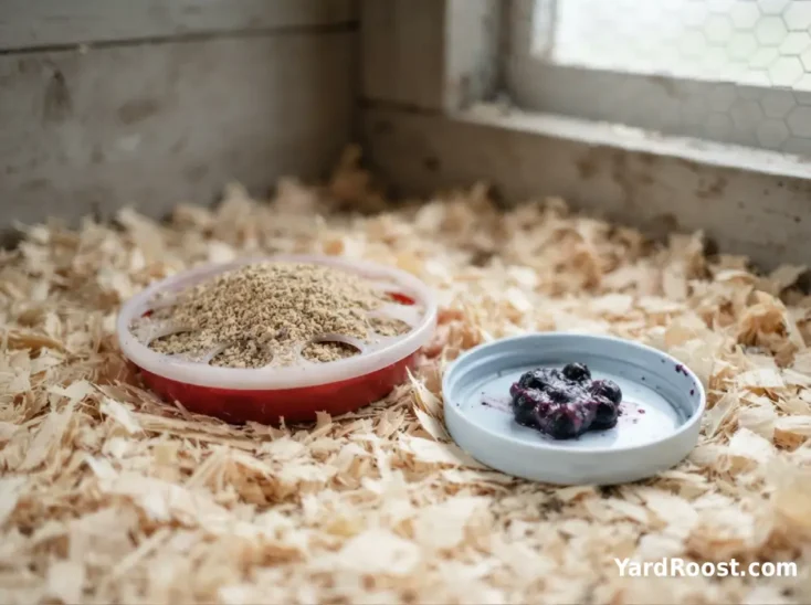 A chick brooder shows starter feed with a tiny mashed blueberry portion nearby.