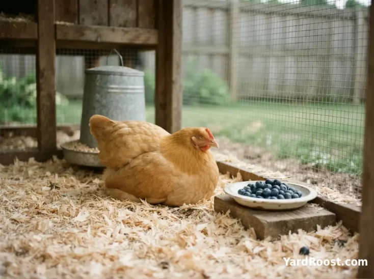 A quiet hen rests near a feeder while a dish of blueberries is left aside.
