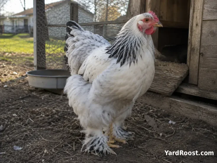 A Light Brahma hen standing beside a wooden backyard coop with feathered legs clearly visible.