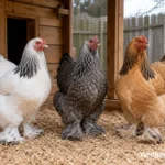 Light, Dark, and Buff Brahma hens displaying the three standard color varieties in a backyard run.