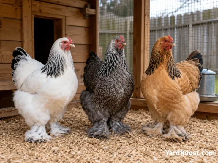 Light, Dark, and Buff Brahma hens displaying the three standard color varieties in a backyard run.