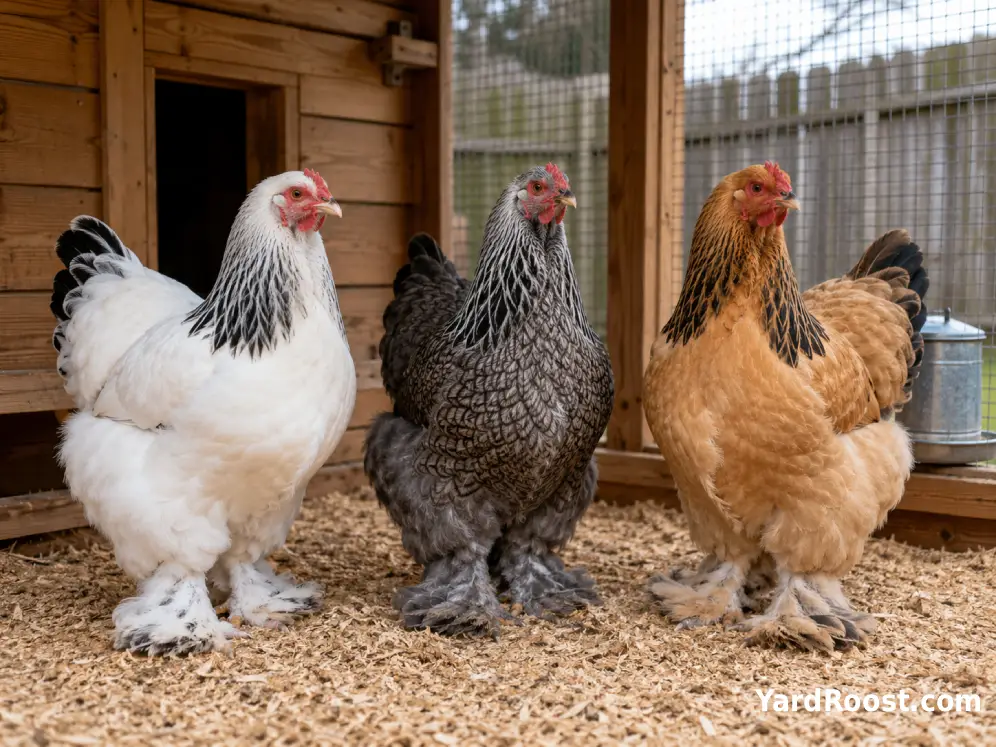Light, Dark, and Buff Brahma hens displaying the three standard color varieties in a backyard run.