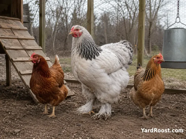 A large Brahma hen standing calmly beside two medium-sized hens for scale in a secure run.