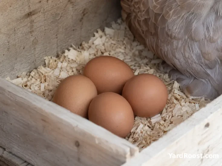Several medium-brown Brahma eggs resting in a clean nest box lined with pine shavings.