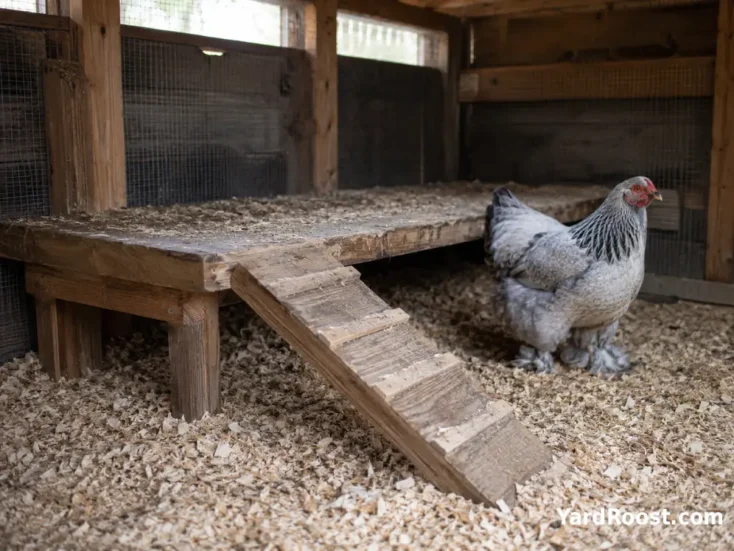 A wide low roost and dry covered run arranged for large Brahma chickens.