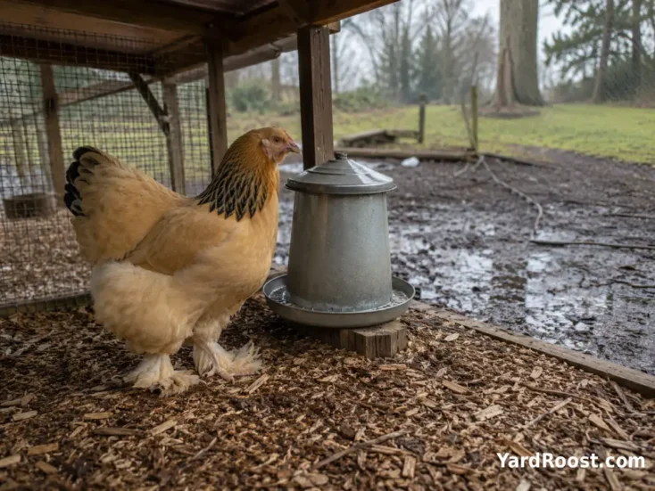 A Brahma hen walking on dry covered ground beside a muddy uncovered section of the run.