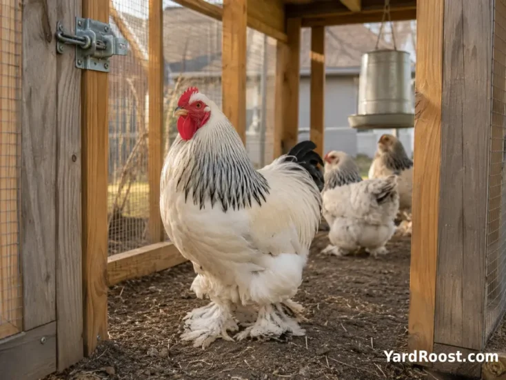 A mature Light Brahma rooster standing calmly near hens inside a spacious covered run.