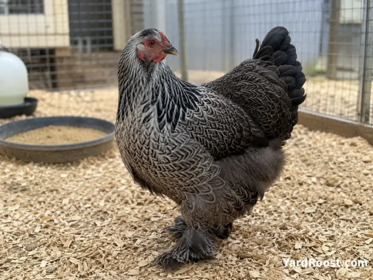 A calm Brahma hen undergoing a visual foot and feather check in a clean isolation pen.