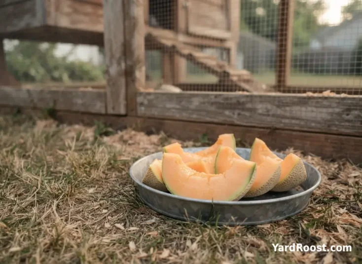 Fresh cantaloupe pieces sit in a shallow dish beside a clean backyard chicken run.
