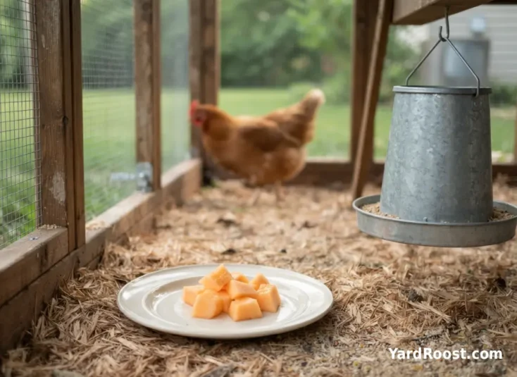A small plate of cantaloupe chunks sits beside a hanging chicken feeder.