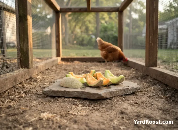 Clean cantaloupe rind pieces are set on a flat stone inside a covered chicken run.