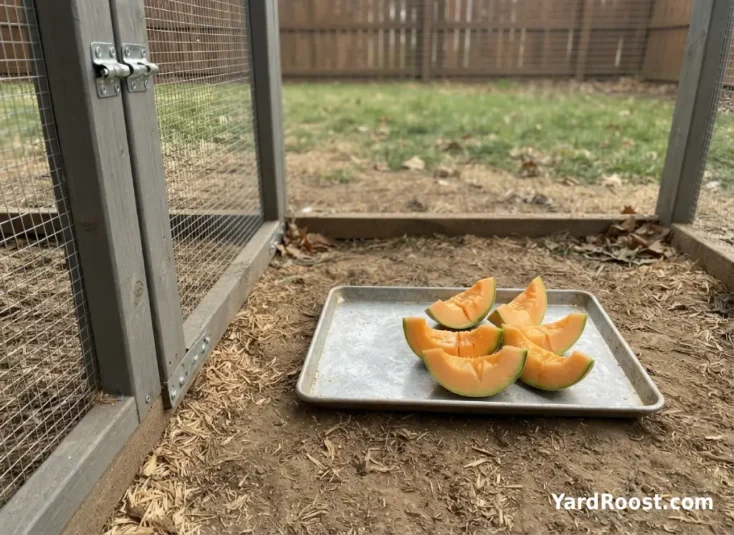 Washed cantaloupe wedges are prepared on a clean tray beside a backyard coop gate.
