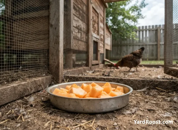 Chilled cantaloupe chunks sit in a shallow pan inside a shaded chicken run.