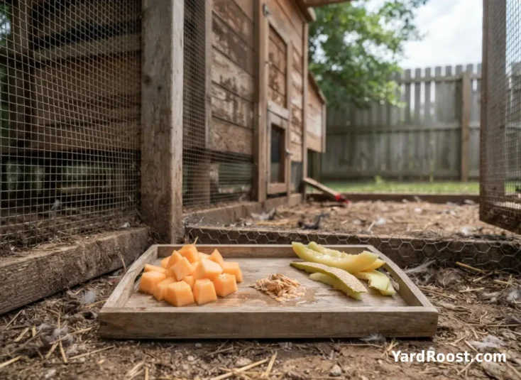 Cantaloupe flesh, seeds, and rind are separated on a tray near a backyard coop.