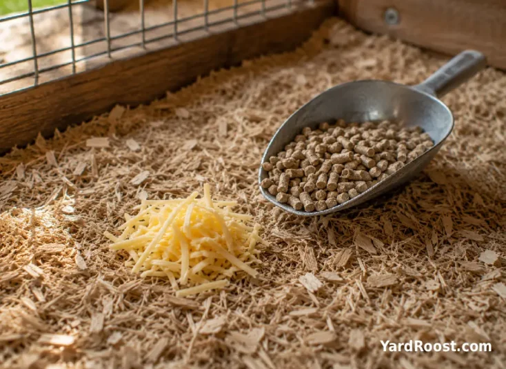 Tiny serving of plain shredded cheese beside poultry feed in a backyard run.