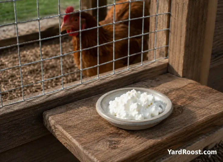 Small spoonful of plain cottage cheese in a dish near a backyard chicken run.