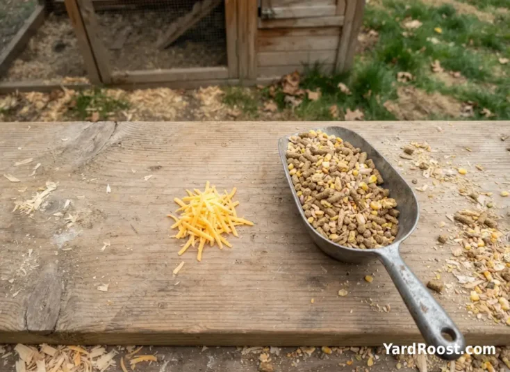 Tiny pinch of shredded cheese measured beside a scoop of chicken feed.