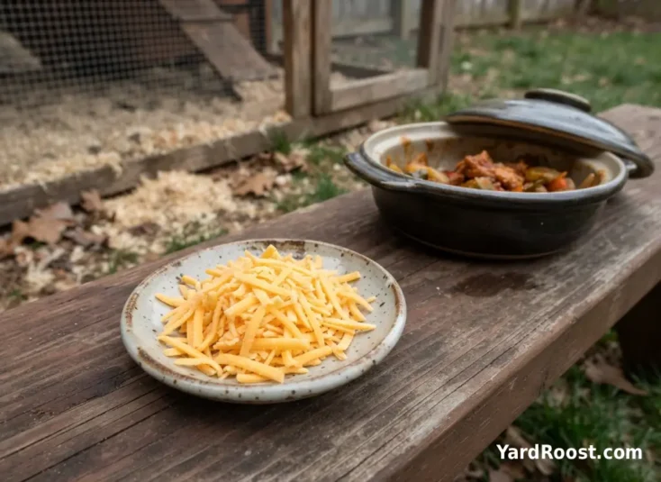 Plain shredded cheese separated from seasoned leftovers beside a backyard coop.