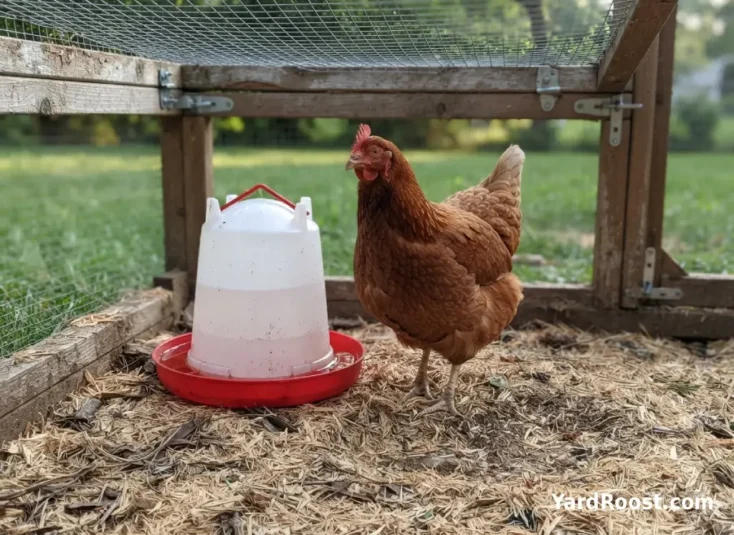 Backyard hen standing near a clean waterer after a treat dish has been removed.