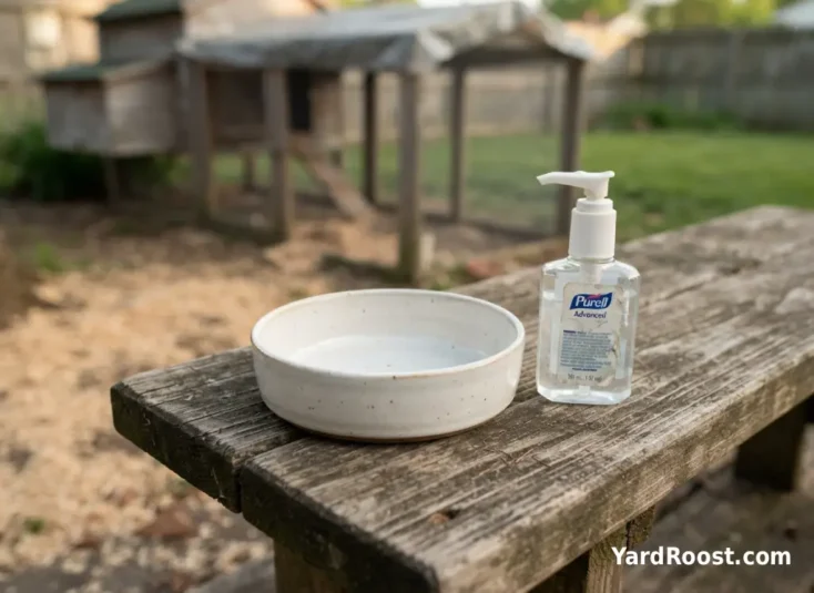 Clean treat dish and hand sanitizer on a bench beside a backyard chicken coop.