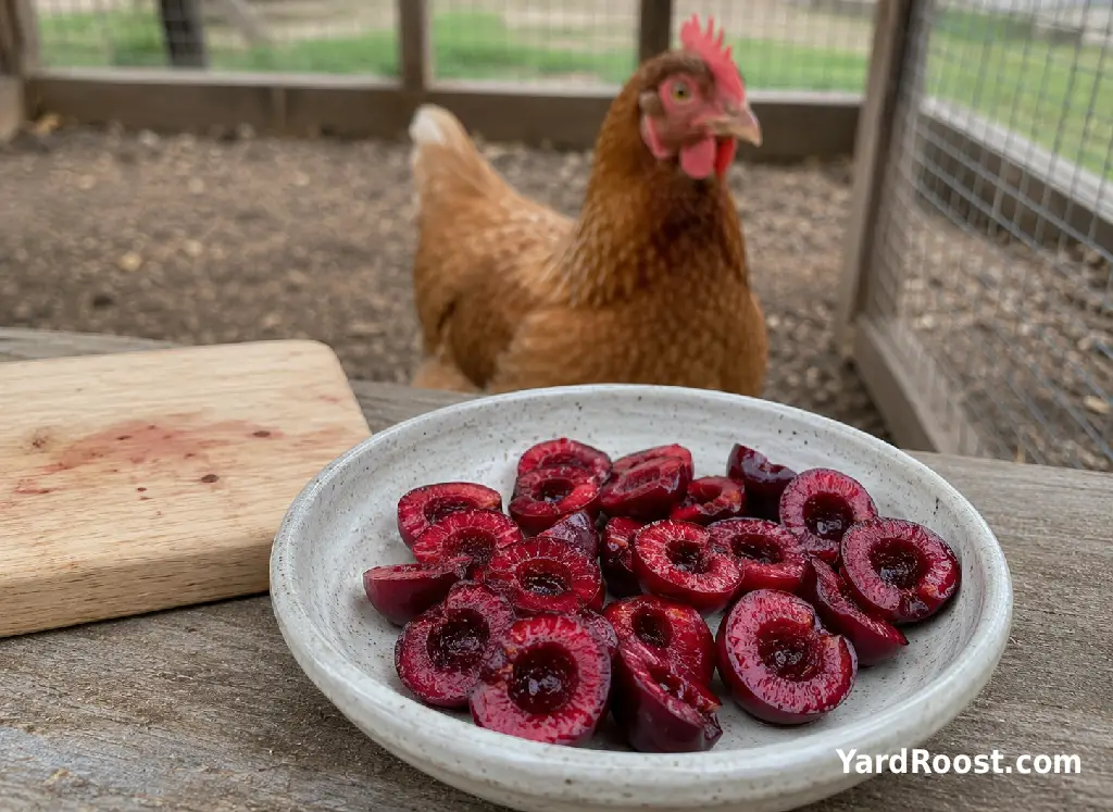 Pitted cherry halves are ready to be shared as an occasional chicken treat.