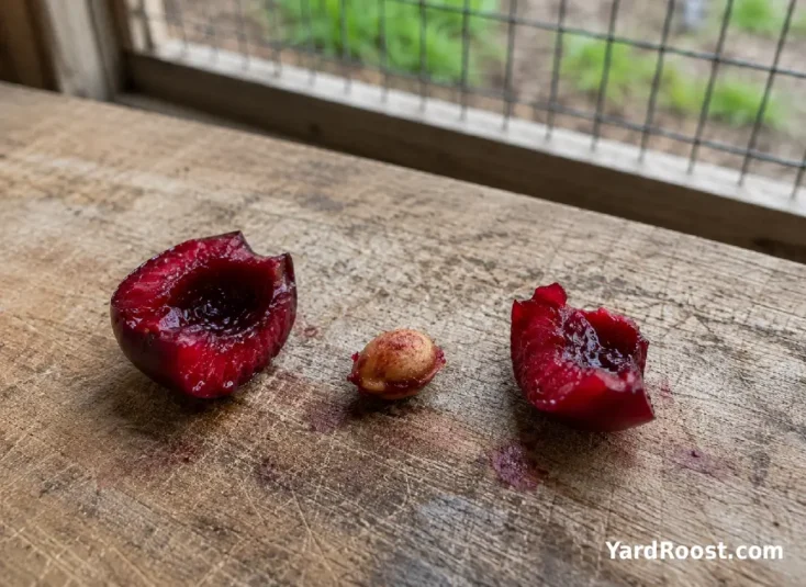 An intact cherry pit is separated from the edible fruit before feeding chickens.