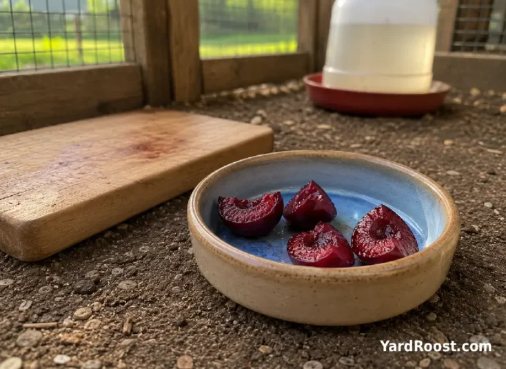 Ripe pitted cherries are quartered in a small dish for backyard hens.