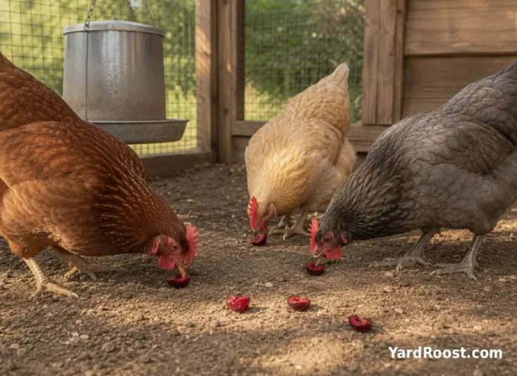 Three backyard hens share a small serving of pitted cherry pieces.