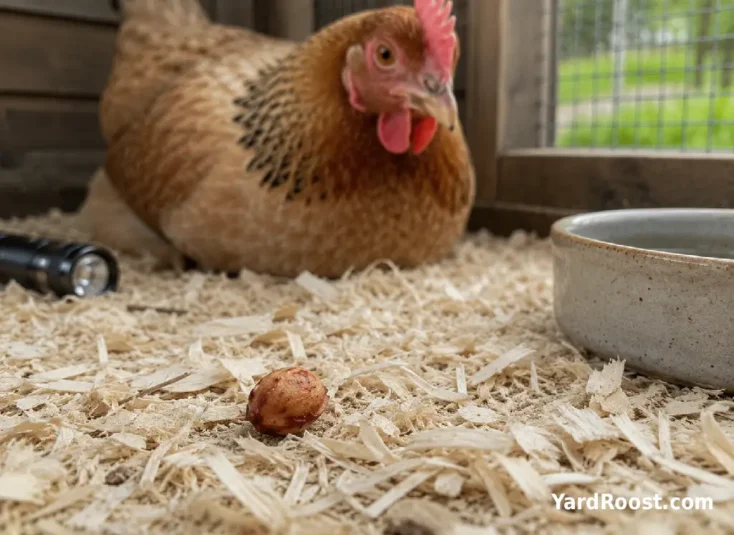 An intact cherry pit lies on clean coop bedding near an alert hen.