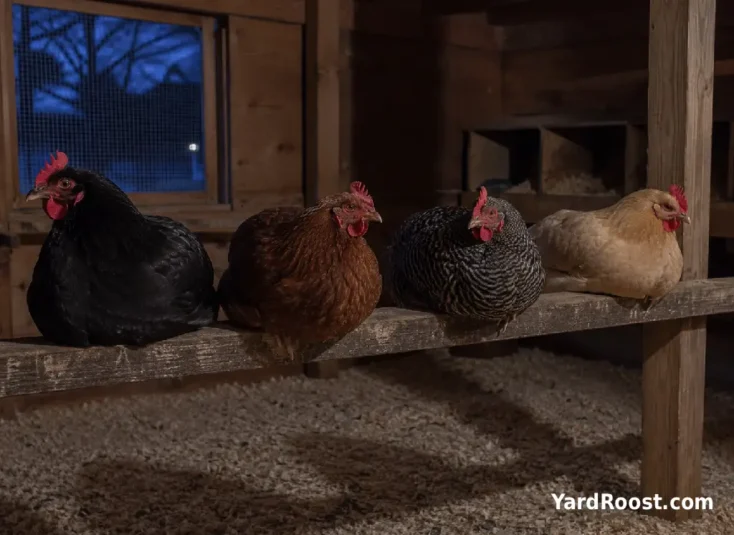 Hens resting on a wooden roost in a naturally dark chicken coop.