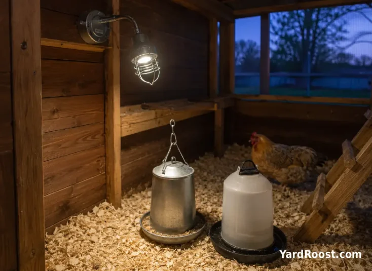 A protected LED task light illuminates the feeder area inside a chicken coop.