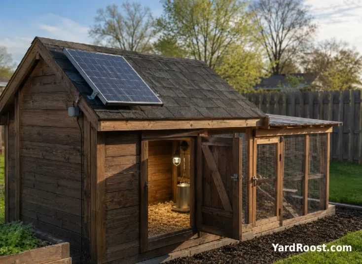 A compact solar panel is securely mounted beside a backyard chicken coop roof.