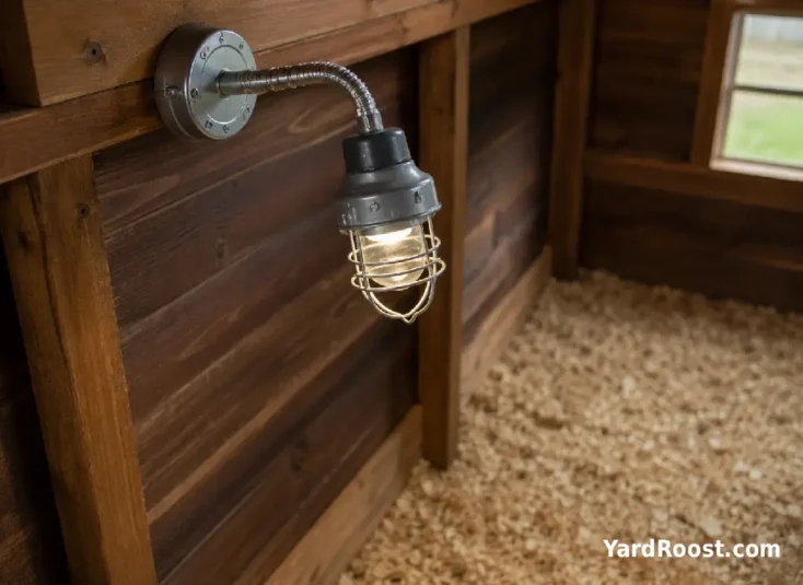 A guarded LED fixture is mounted securely above the aisle of a chicken coop.