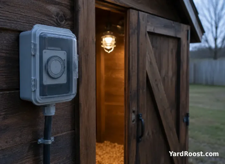 A protected timer controls an LED light inside a backyard chicken coop.