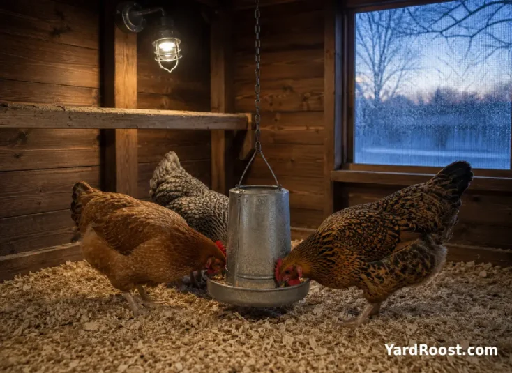 Mature hens eat under soft pre-dawn lighting inside a winter chicken coop.