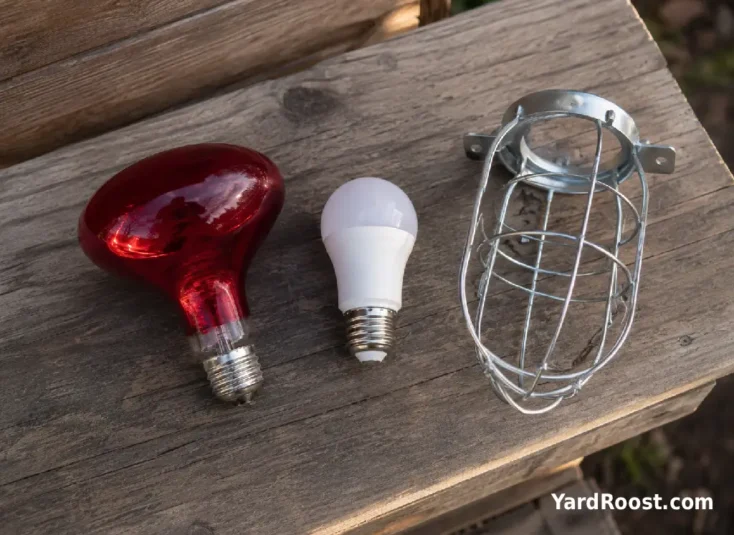A red-tinted bulb and a standard LED sit beside a protective coop fixture guard.