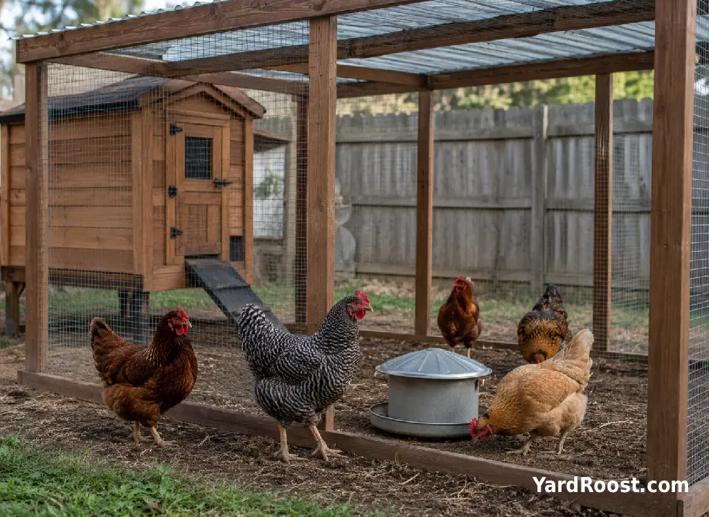 Several healthy backyard chickens stand inside a covered Ohio coop run.