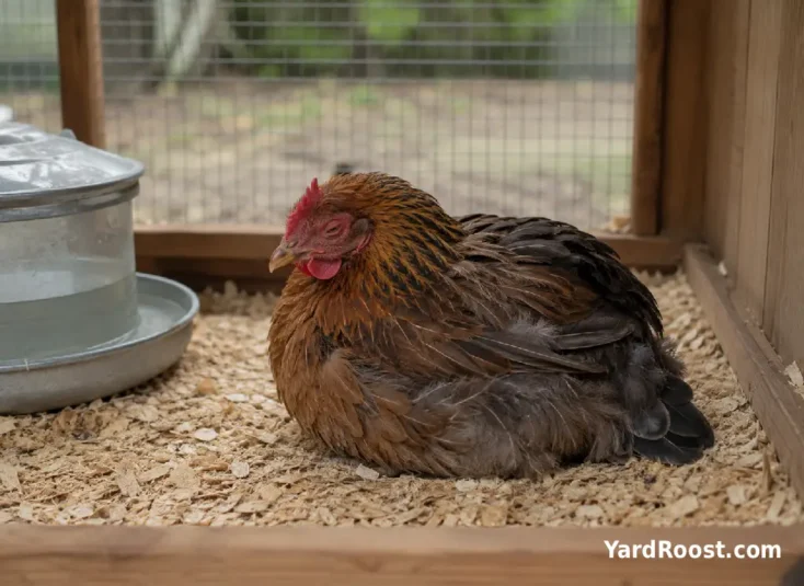 A lethargic hen with ruffled feathers rests alone inside a clean covered run.