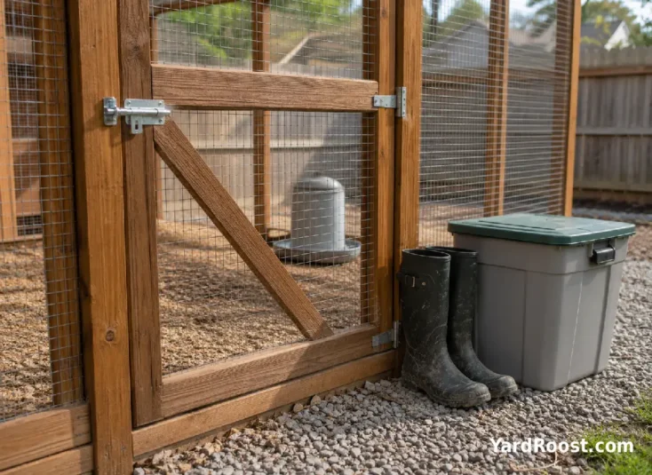 Dedicated boots and a lidded supply bin sit outside a closed backyard chicken run.