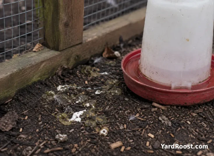 Wild-bird droppings lie beside an uncovered chicken waterer near a backyard run.