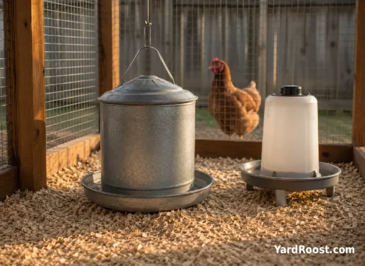 A covered feeder and enclosed waterer are protected from wild birds inside a coop run.