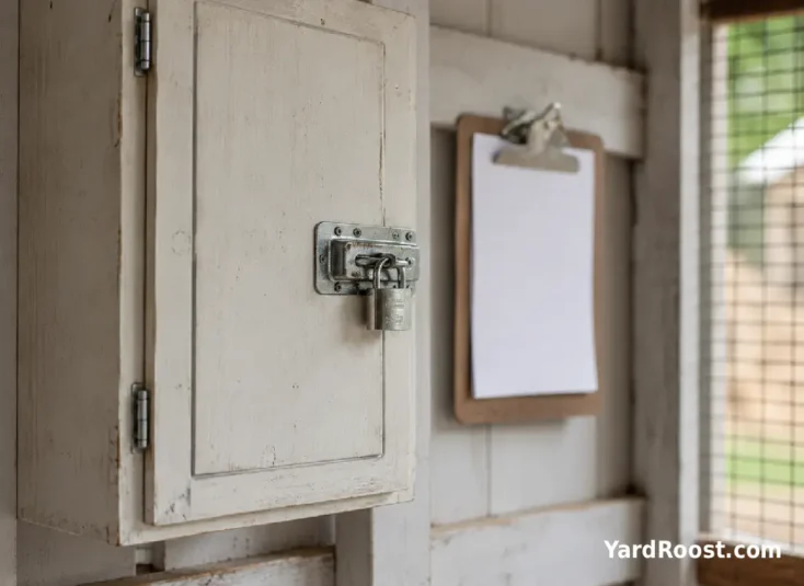 A locked poultry medicine cabinet sits beside a blank flock record clipboard.